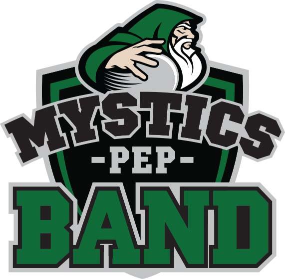 Mystics Pep Band logo featuring a green shield and Merlin the Mystic