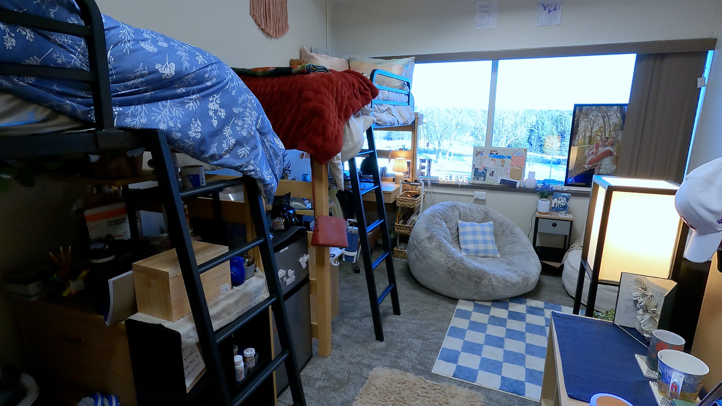 Interior of Health Science Hall dorm room with both beds against one wall