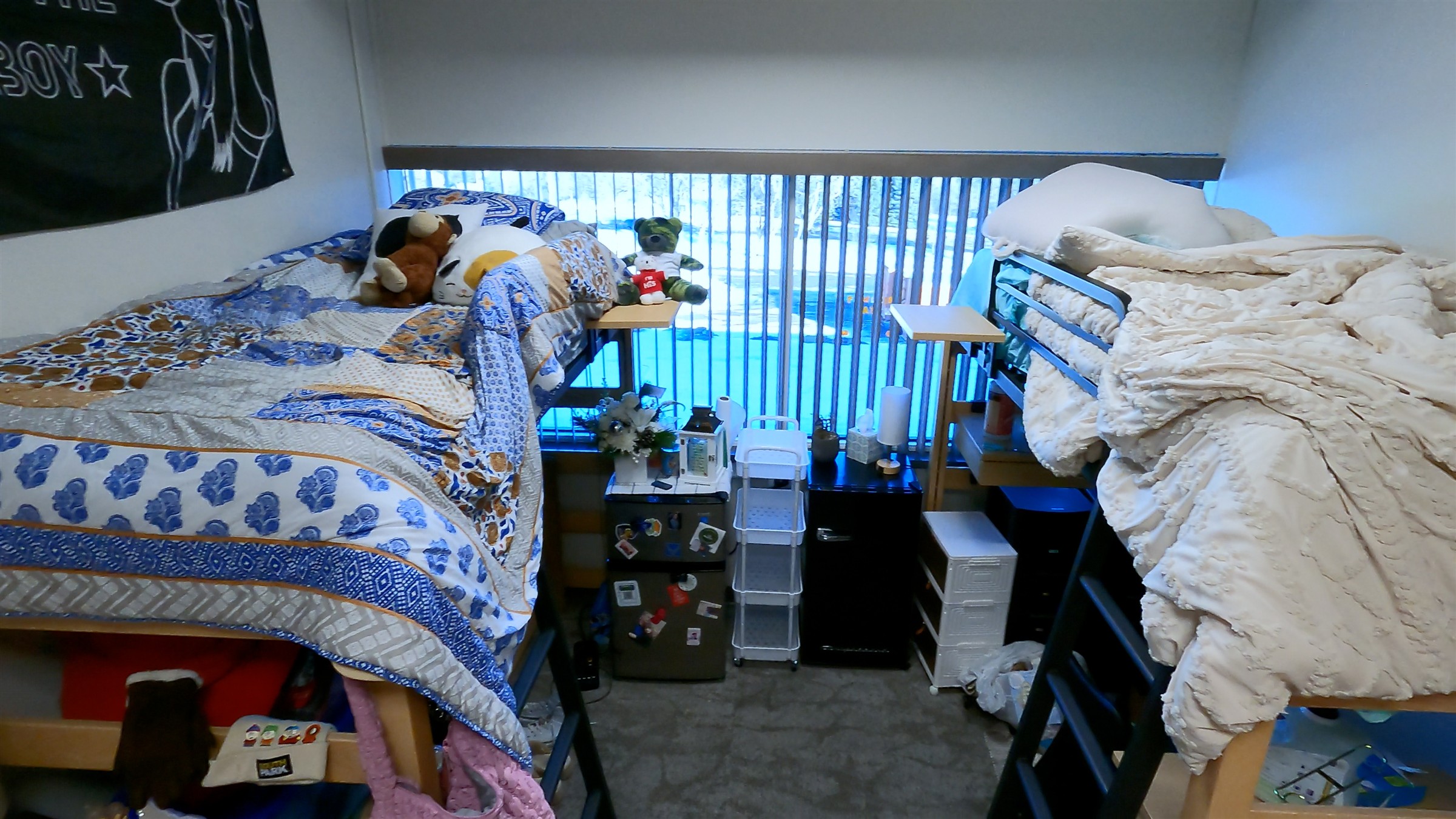 Interior of Health Science Hall dorm room with made beds next to window 