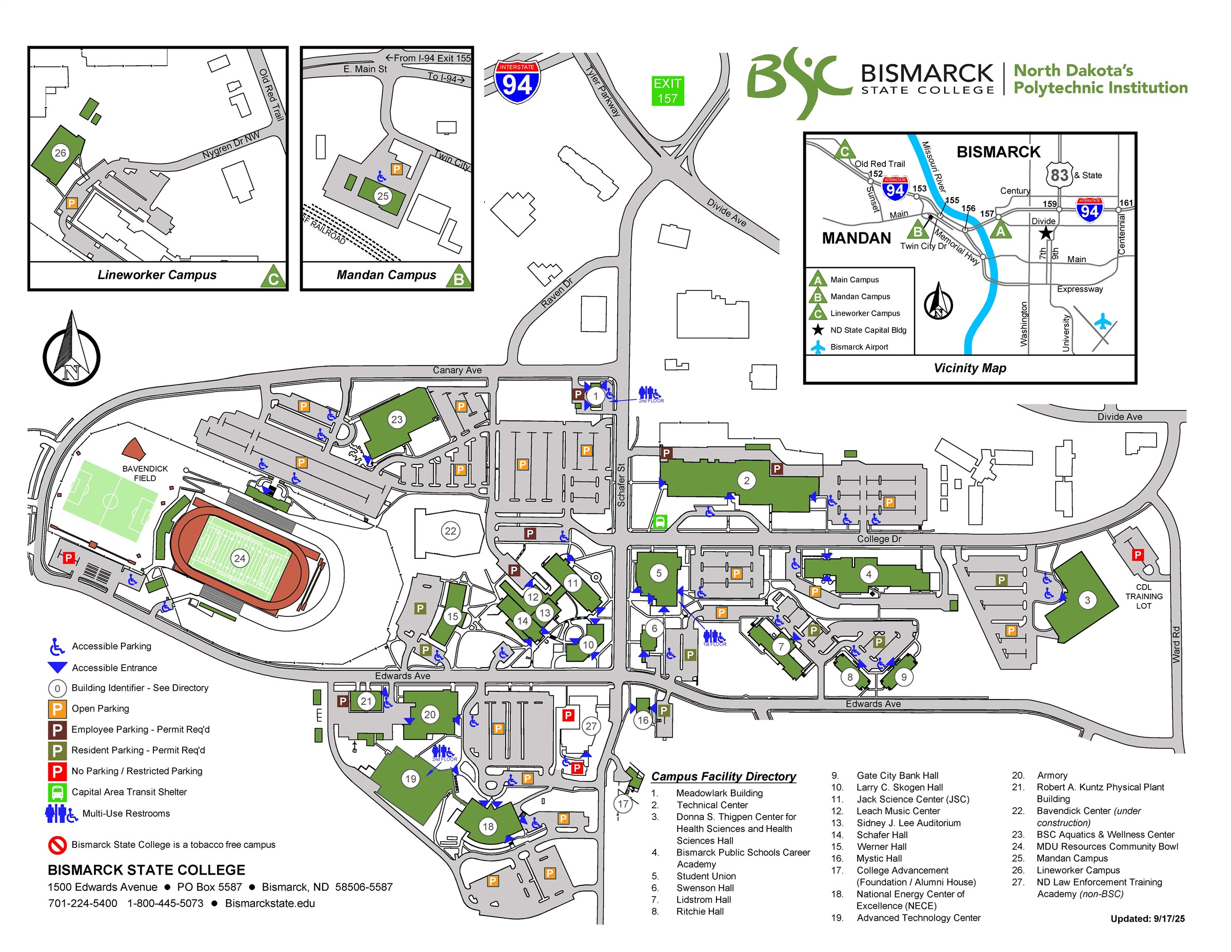 Detailed campus map of Bismarck State College showing all academic buildings, residence halls, parking lots, athletic facilities, and accessible entrances. Includes inset maps of the Lineworker Campus and Mandan Campus, a vicinity map for orientation, and a campus facility directory with building names and numbers.